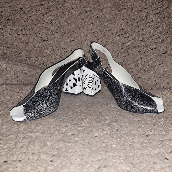 WHAT FOR-Paris-Crackled Black Leather-Distressed Cracked Heel-Slingback-Sz 37-EX - Picture 4 of 8